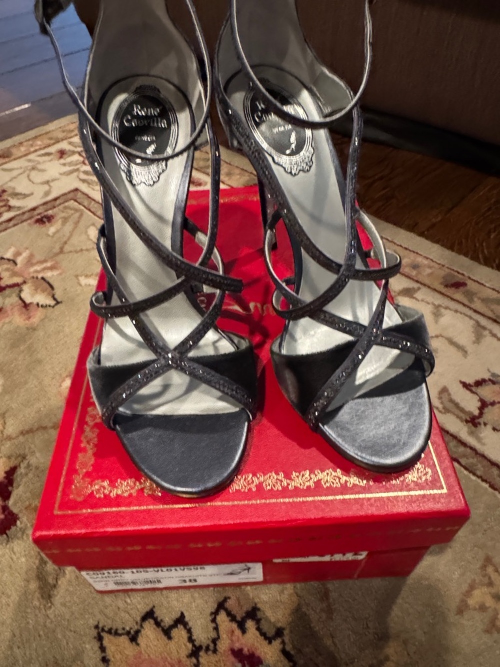 Rene Caovilla Black Glitter Strappy Sandals